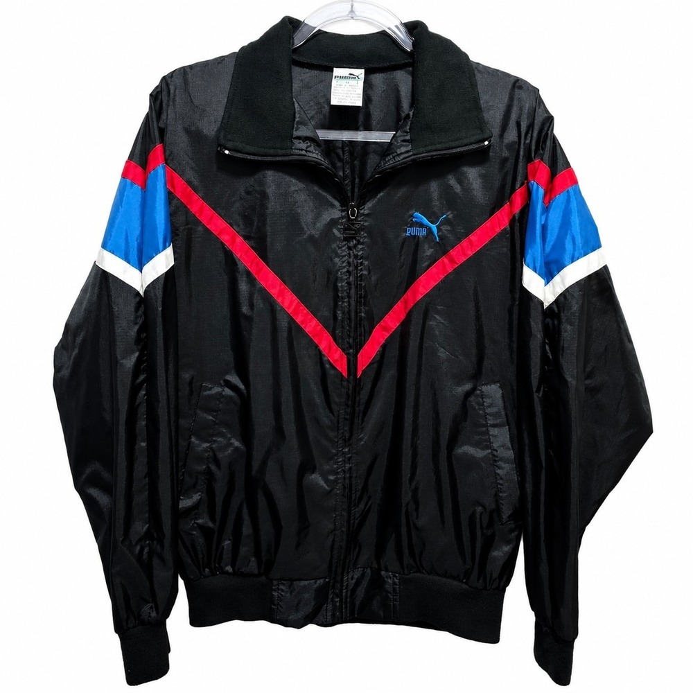 Vintage Puma Track Jacket Windbreaker Black Red Blue Full Zip Men's Size M Retro